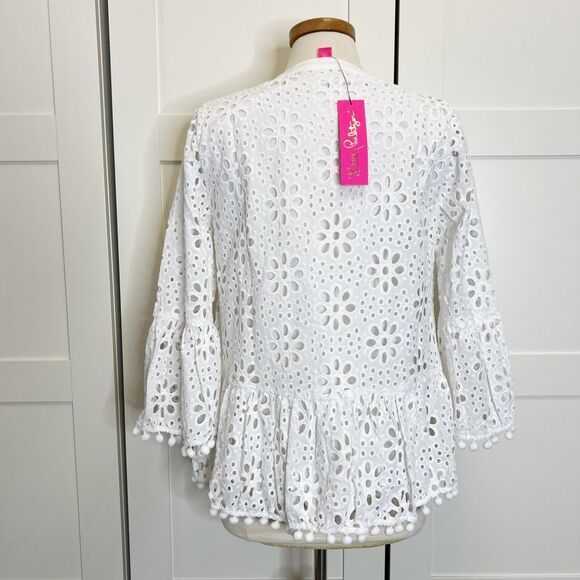 Lilly Pulitzer Womens White Bekah 3/4 Sleeves Split Neck Eyelet Top Size Medium - Picture 4 of 8
